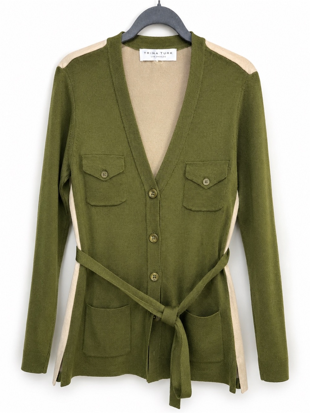 Trina Turk Olive Green Cardigan with Cream Accents and Self Tie